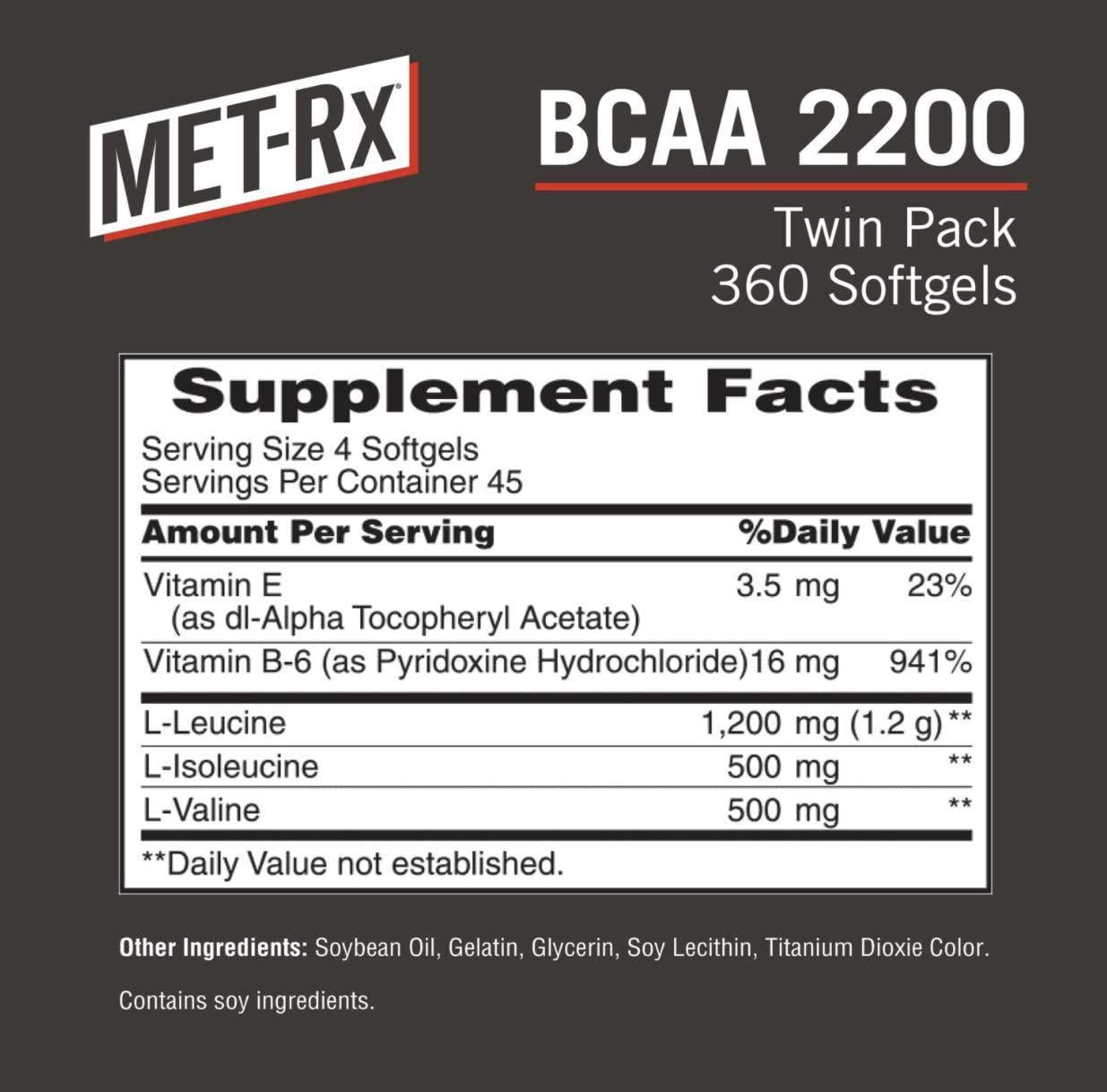 MET-Rx BCAA 2200 Amino Acid Supplement, Supports Muscle Recovery, 180 Count Per Bottle, 2 Pack (360 Total Count)