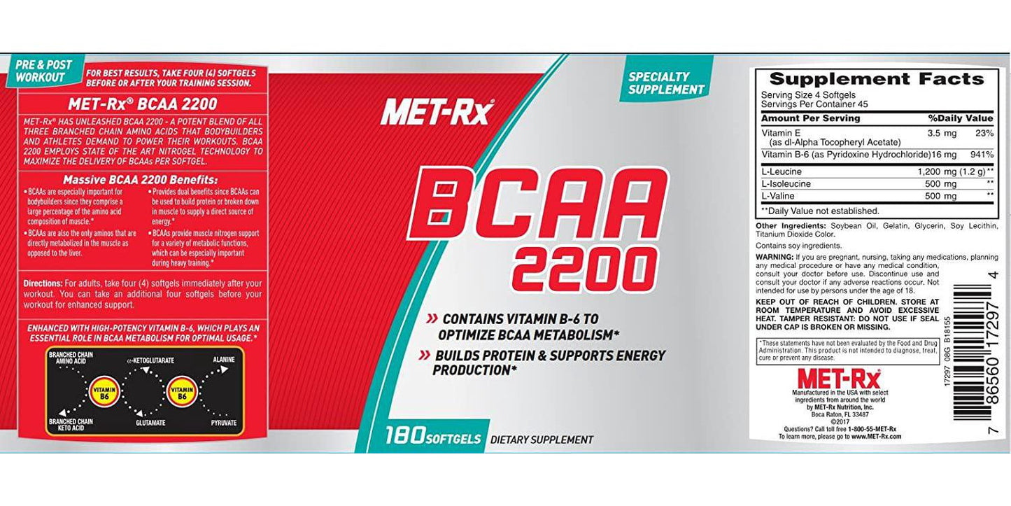 MET-Rx BCAA 2200 Supplement, 180 count