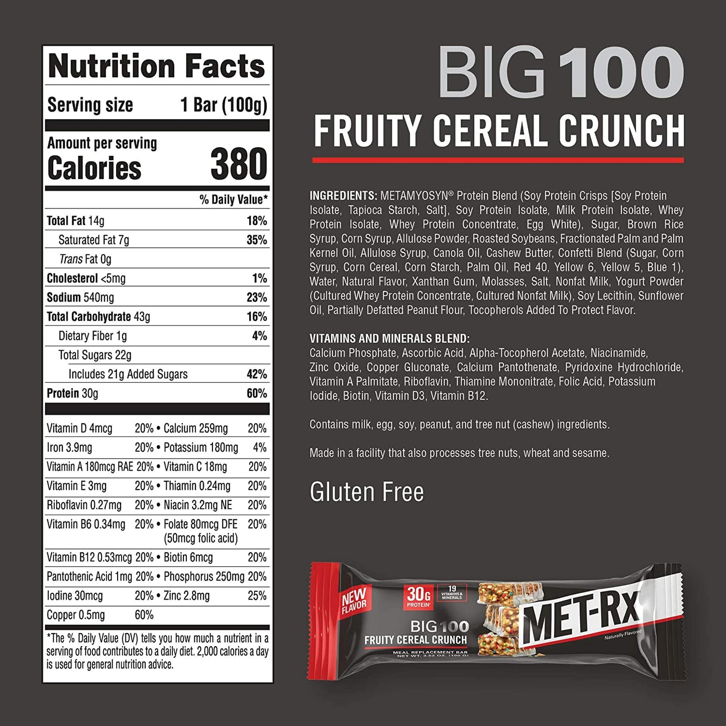 MET-Rx Big 100 Colossal Protein Bars, Fruity Cereal Crunch Meal Replacement Bars, 9 Count