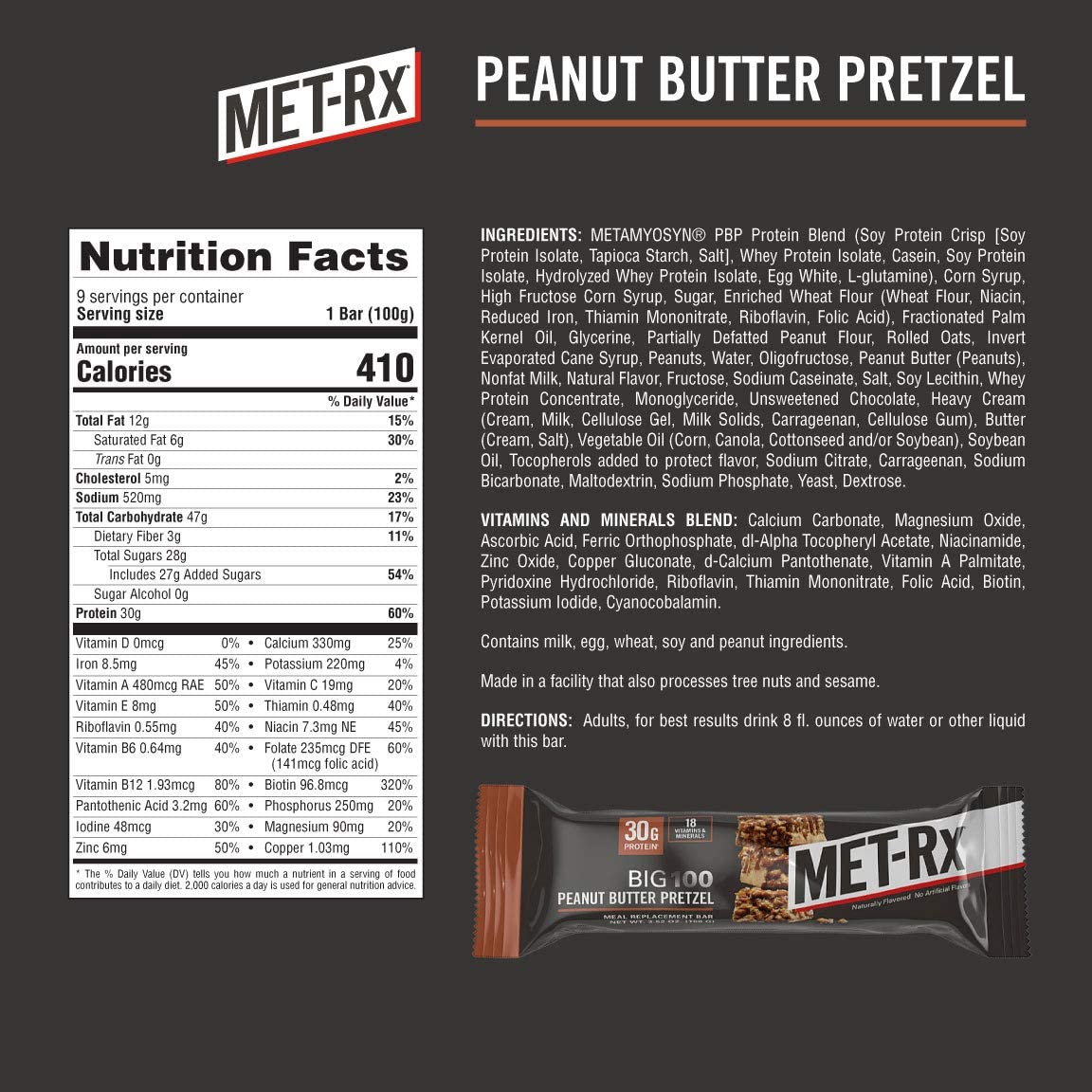 MET-Rx Big 100 Colossal Peanut Butter Pretzel, 100 gram, 9 count