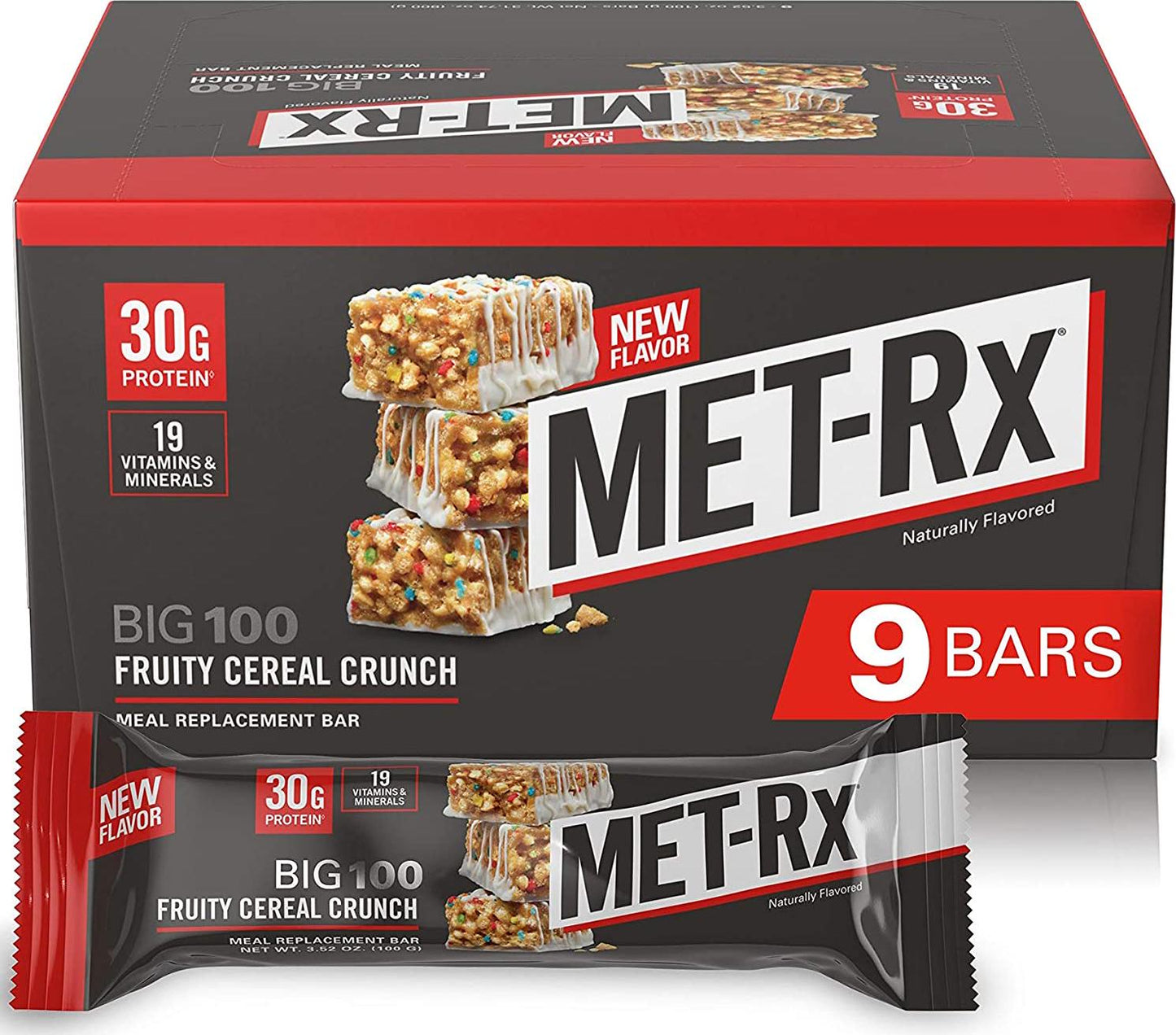 MET-Rx Big 100 Colossal Protein Bars, Fruity Cereal Crunch Meal Replacement Bars, 9 Count