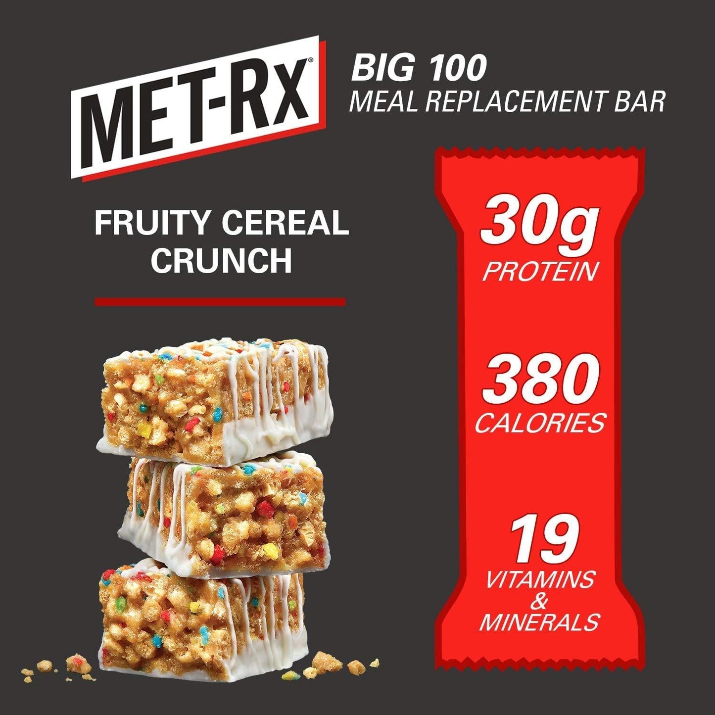 MET-Rx Big 100 Colossal Protein Bars, Fruity Cereal Crunch Meal Replacement Bars, 9 Count