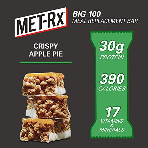 MET-Rx Big 100 Protein Bar, Meal Replacement, 30G Protein, Gluten Free, Crispy Apple Pie, 3.52 oz. ea, 8 Count (Packaging May Vary)