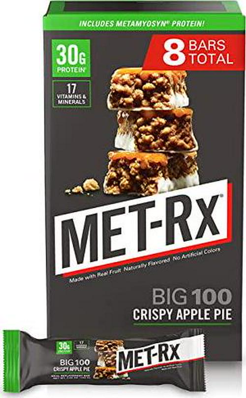 MET-Rx Big 100 Protein Bar, Meal Replacement, 30G Protein, Gluten Free, Crispy Apple Pie, 3.52 oz. ea, 8 Count (Packaging May Vary)