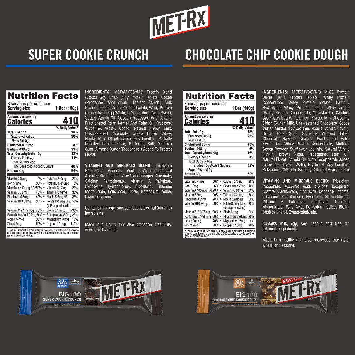 MET-Rx Big 100 Protein Bars, Meal Replacement Bars, Variety Pack - Super Cookie Crunch and Chocolate Chip Cookie Dough Bars, 12 Count, 3.52 Oz.