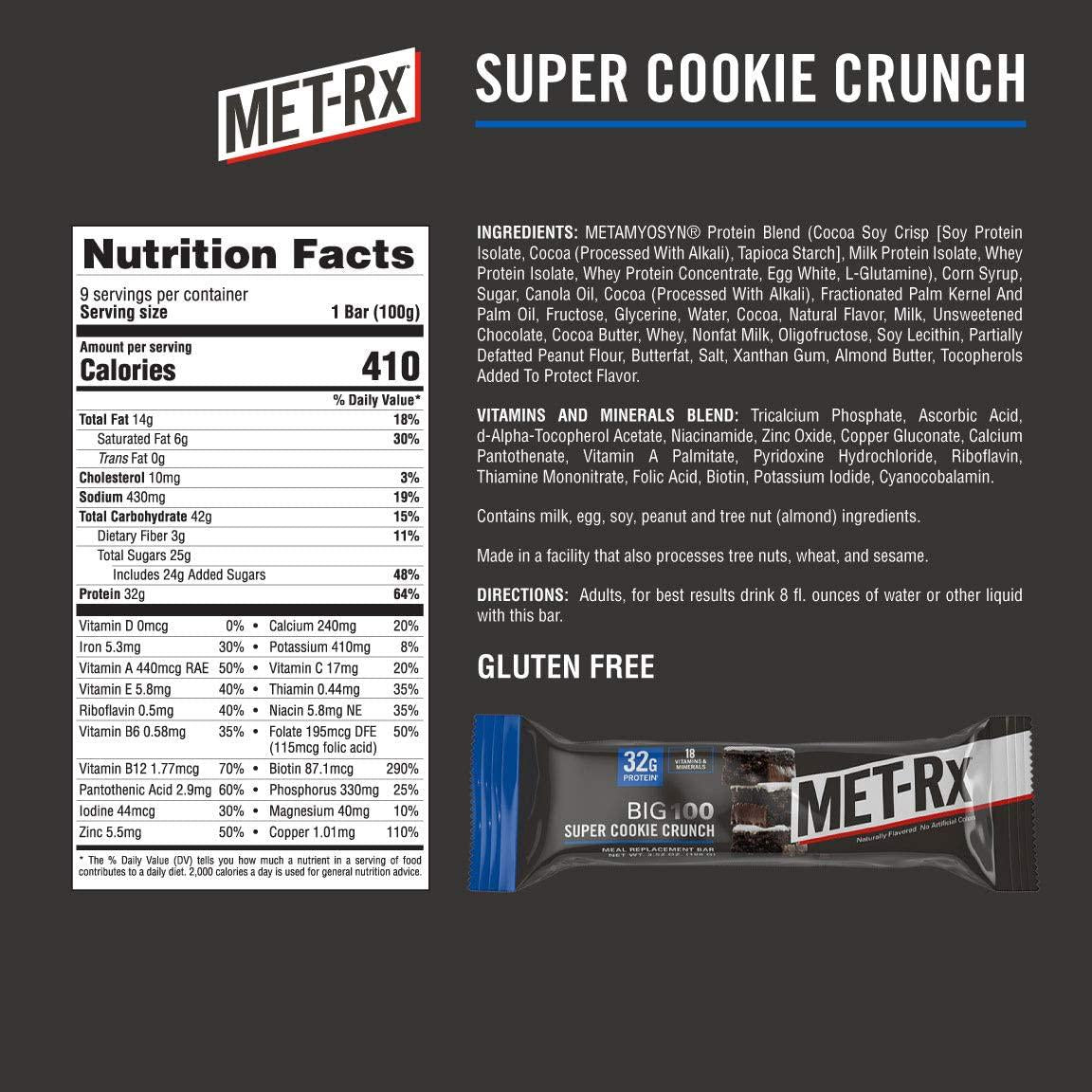 MET-Rx Big 100 Protein Bar, Meal Replacement Bar, 32G Protein, Super Cookie Crunch, 9 Count, 3.52 Oz.