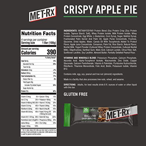 MET-Rx Big 100 Protein Bar, Meal Replacement, 30G Protein, Gluten Free, Crispy Apple Pie, 3.52 oz. ea, 8 Count (Packaging May Vary)