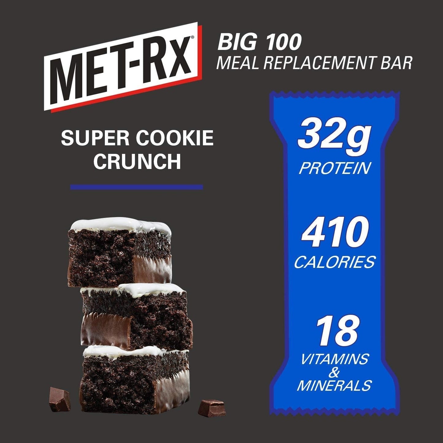 MET-Rx Big 100 Protein Bar, Meal Replacement Bar, 32G Protein, Super Cookie Crunch, 9 Count, 3.52 Oz.