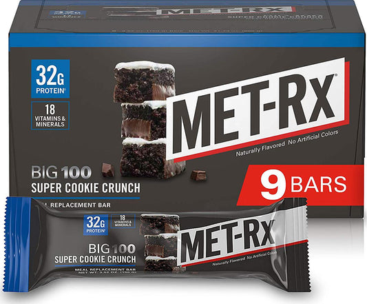 MET-Rx Big 100 Protein Bar, Meal Replacement Bar, 32G Protein, Super Cookie Crunch, 9 Count, 3.52 Oz.