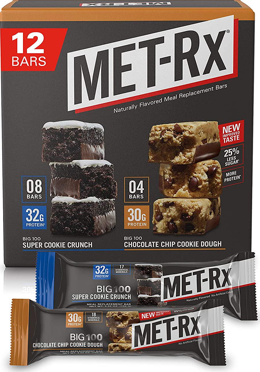MET-Rx Big 100 Protein Bars, Meal Replacement Bars, Variety Pack - Super Cookie Crunch and Chocolate Chip Cookie Dough Bars, 12 Count, 3.52 Oz.