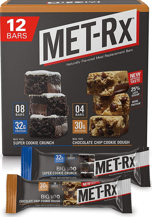 MET-Rx Big 100 Protein Bars, Meal Replacement Bars, Variety Pack - Super Cookie Crunch and Chocolate Chip Cookie Dough Bars, 12 Count, 3.52 Oz.
