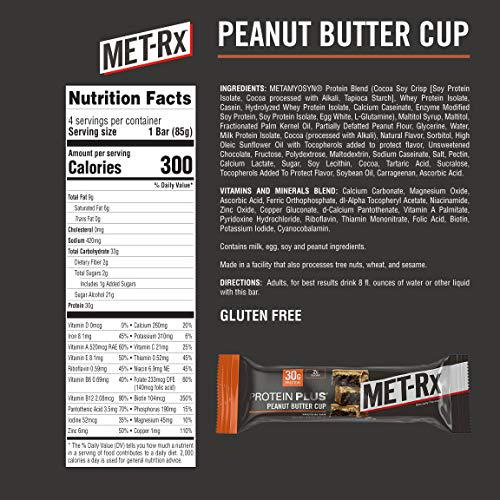 MET-Rx Protein Plus Protein Bar, Peanut Butter Cup, 4 Count Value Pack, High Protein Bar with Vitamins to Support Energy Levels and Muscle Strength, Gluten Free