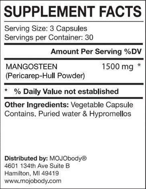 MOJObody Mangosteen Pericarp Capsules, 1500mg per Serving Anti-inflammatory Properties Antioxidant Properties, Combats Free Radicals, Boost Immunity, Xanthone and Nutrient Rich