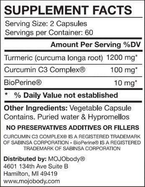 MOJObody Turmeric Curcumin C3 Complex High Absorption Formula with BioPerine Black Pepper, Natural Anti-Inflammatory, 1300mg Per Serving, 120 Veggie Capsules