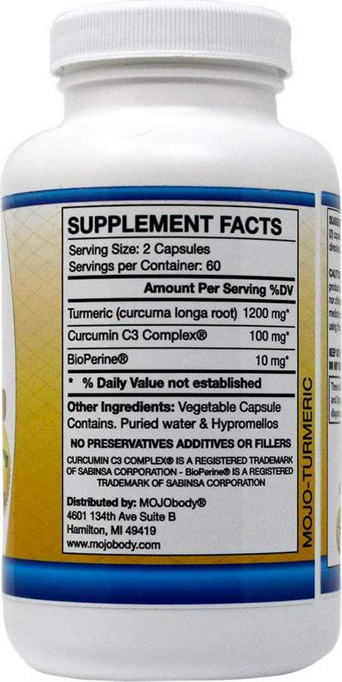 MOJObody Turmeric Curcumin C3 Complex High Absorption Formula with BioPerine Black Pepper, Natural Anti-Inflammatory, 1300mg Per Serving, 120 Veggie Capsules