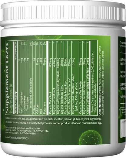 MRM Nutrition Organic Pre-Workout Powder | Island Fusion Flavored | Superfoods + 150mg Natural Caffeine + adaptogens | Clean Energy + Focus| Healthy Blood Flow | Vegan + Non-GMO | 20 Servings