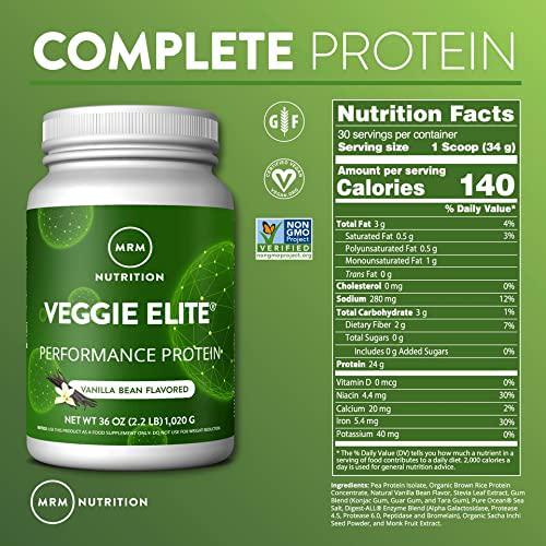 MRM Nutrition Veggie Elite Performance Protein | Salted Caramel Flavored| Plant-Based Protein| Easy to Digest | with BCAAs| Vegan + Gluten-Free | Clinically Tested| Digestive enzymes | 30 Servings