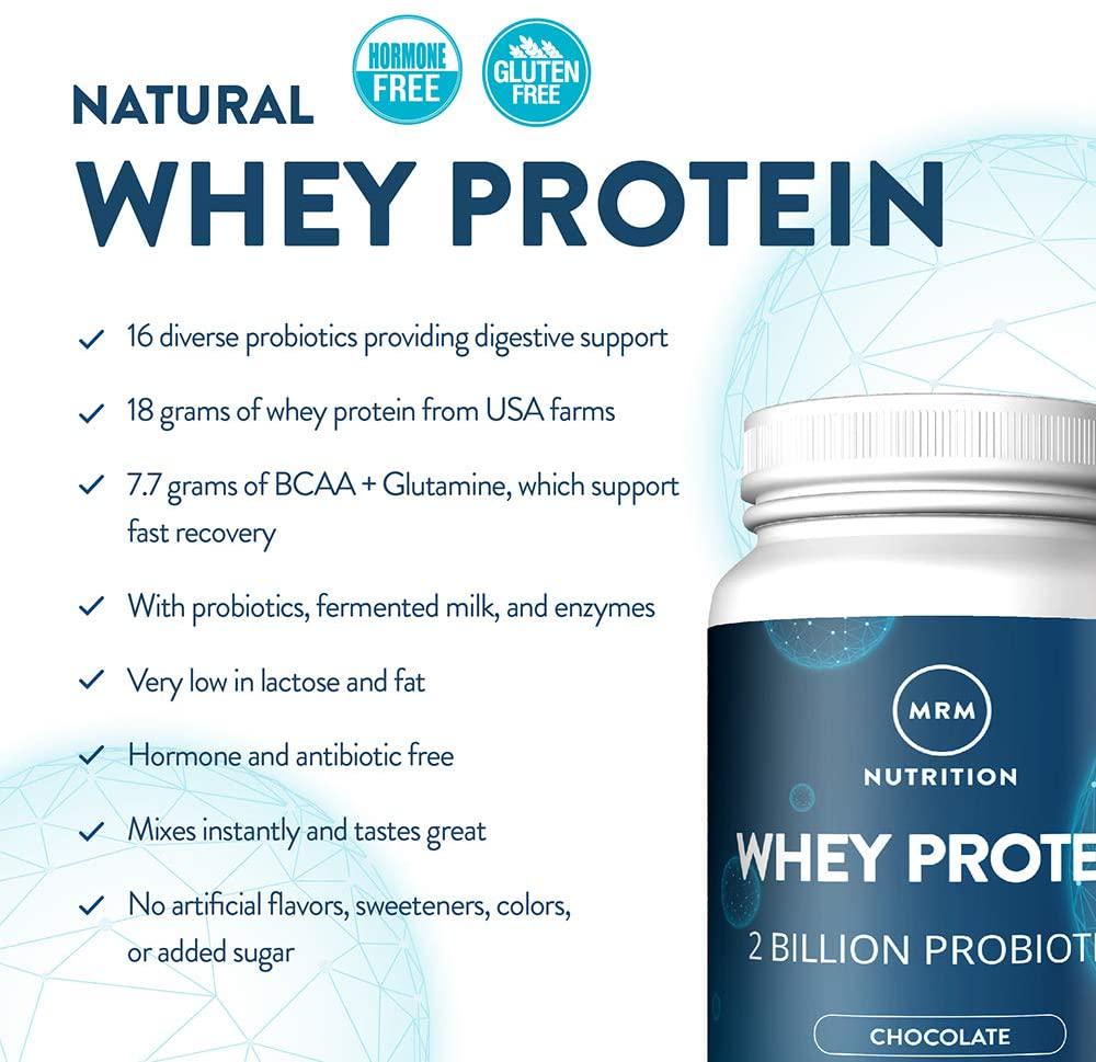 MRM Nutrition Whey Protein | Chocolate Flavored |18g Protein | with 2 Billion probiotics + Digestive enzymes + BCAAs | High Absorption + Digestion | Hormone + antibiotic Free | 33 Servings