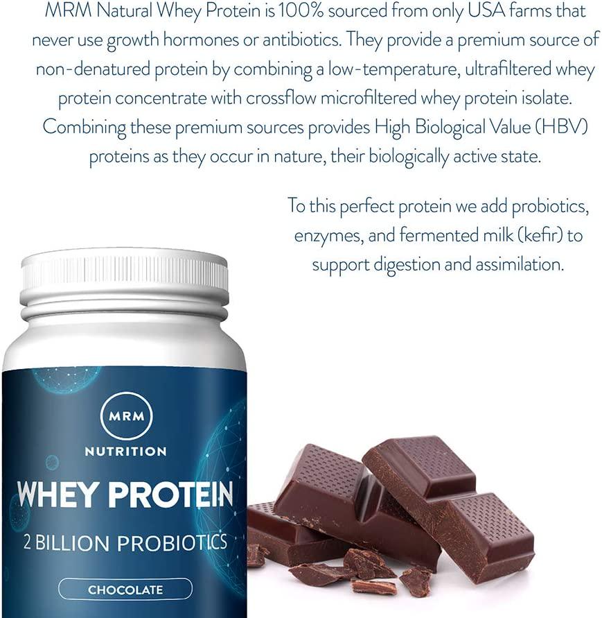 MRM Nutrition Whey Protein | Chocolate Flavored |18g Protein | with 2 Billion probiotics + Digestive enzymes + BCAAs | High Absorption + Digestion | Hormone + antibiotic Free | 33 Servings