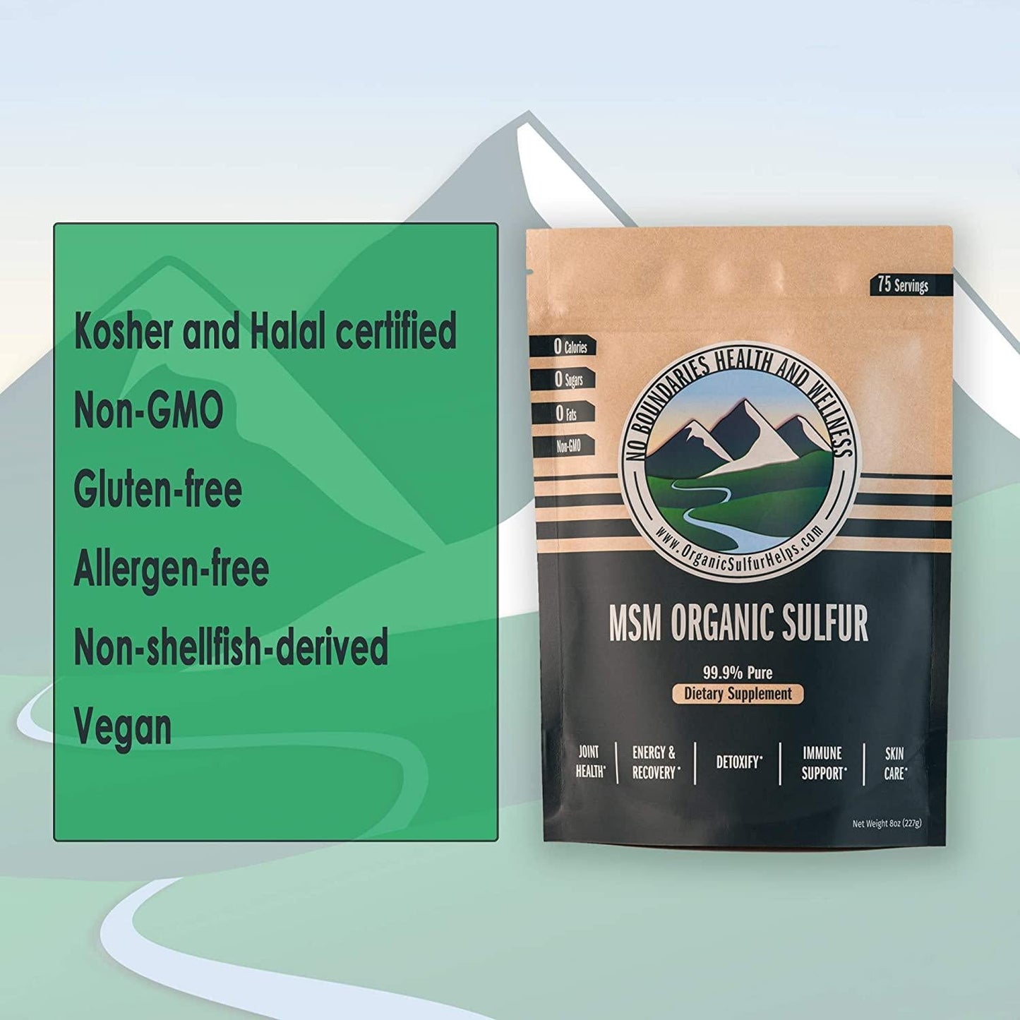 MSM Organic Sulfur Crystals by No Boundaries Health and Wellness - All-Natural, Premium Health Supplement: 99.9% Pure MSM - Benefits: Joint Pain, Allergies, Skin, Hair and Nail Health - No Fillers