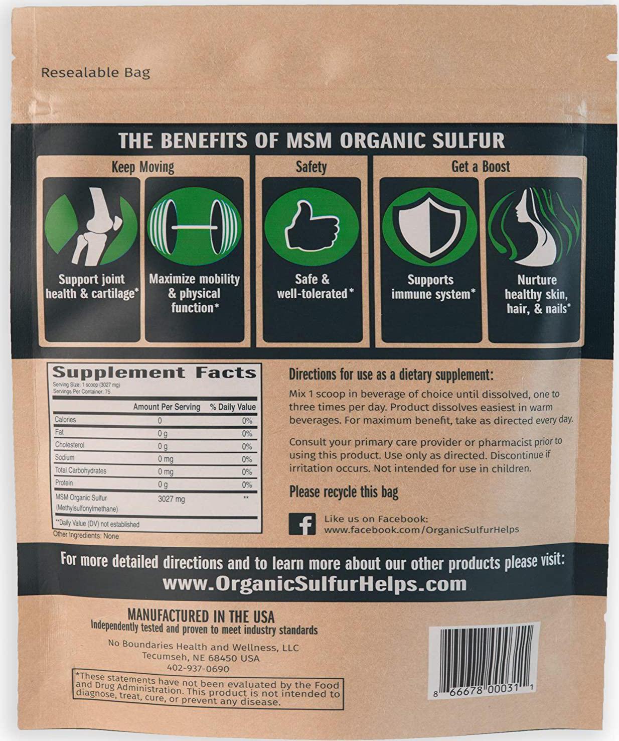 MSM Organic Sulfur Crystals by No Boundaries Health and Wellness - All-Natural, Premium Health Supplement: 99.9% Pure MSM - Benefits: Joint Pain, Allergies, Skin, Hair and Nail Health - No Fillers