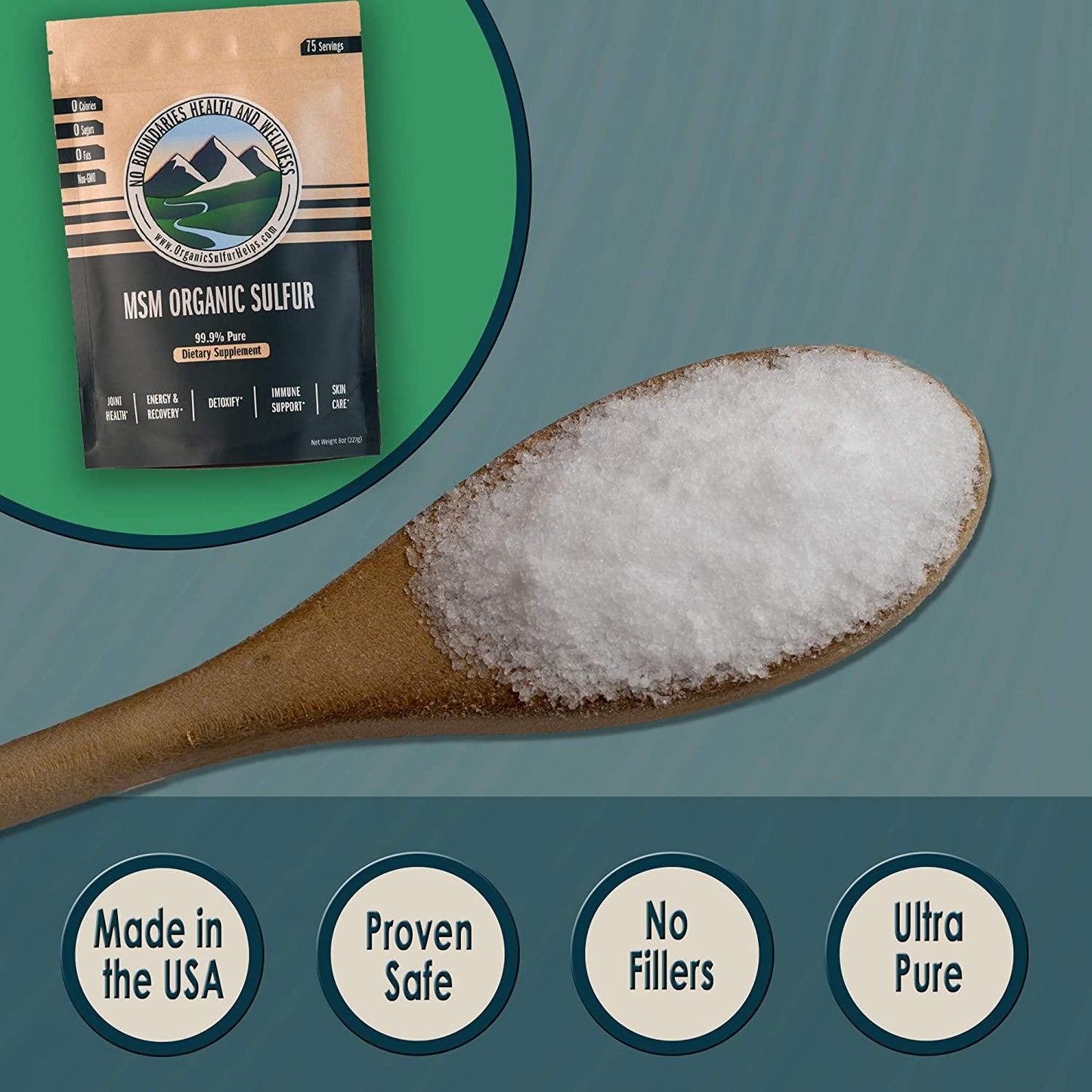 MSM Organic Sulfur Crystals by No Boundaries Health and Wellness - All-Natural, Premium Health Supplement: 99.9% Pure MSM - Benefits: Joint Pain, Allergies, Skin, Hair and Nail Health - No Fillers