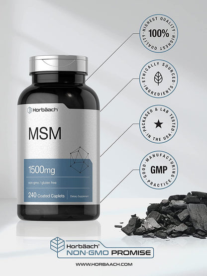 MSM Supplement | 1500mg per Coated Caplet | 240 Count | Vegetarian, Non-GMO, and Gluten Free Formula | Methylsulfonylmethane | by Horbaach