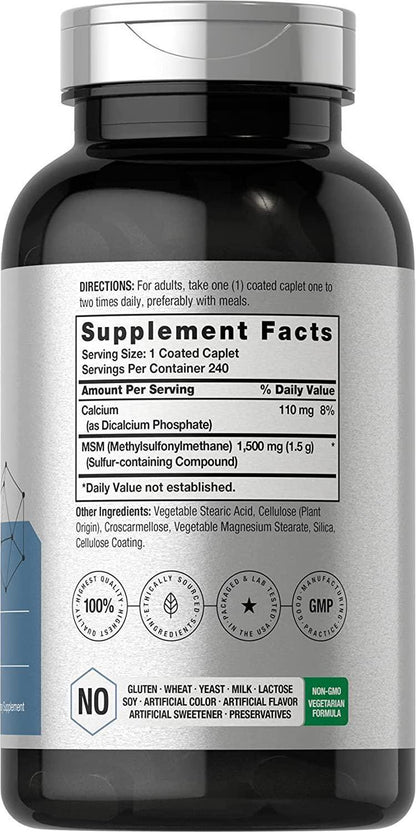 MSM Supplement | 1500mg per Coated Caplet | 240 Count | Vegetarian, Non-GMO, and Gluten Free Formula | Methylsulfonylmethane | by Horbaach