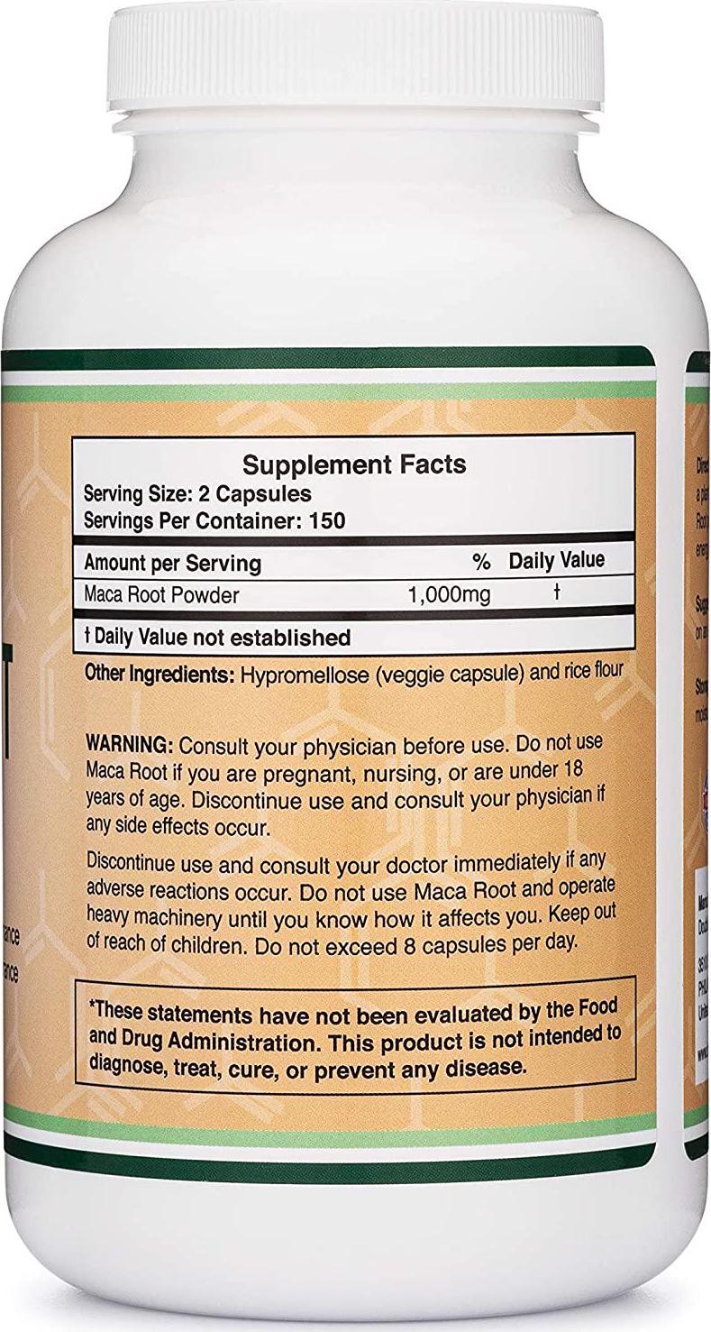 Maca Root Capsules (Black Maca Powder - 1,000mg per Serving) 300 Count for Men and Women. Grown in Peru (for Energy, Mood, Performance) Vegan, Made in USA by Double Wood Supplements