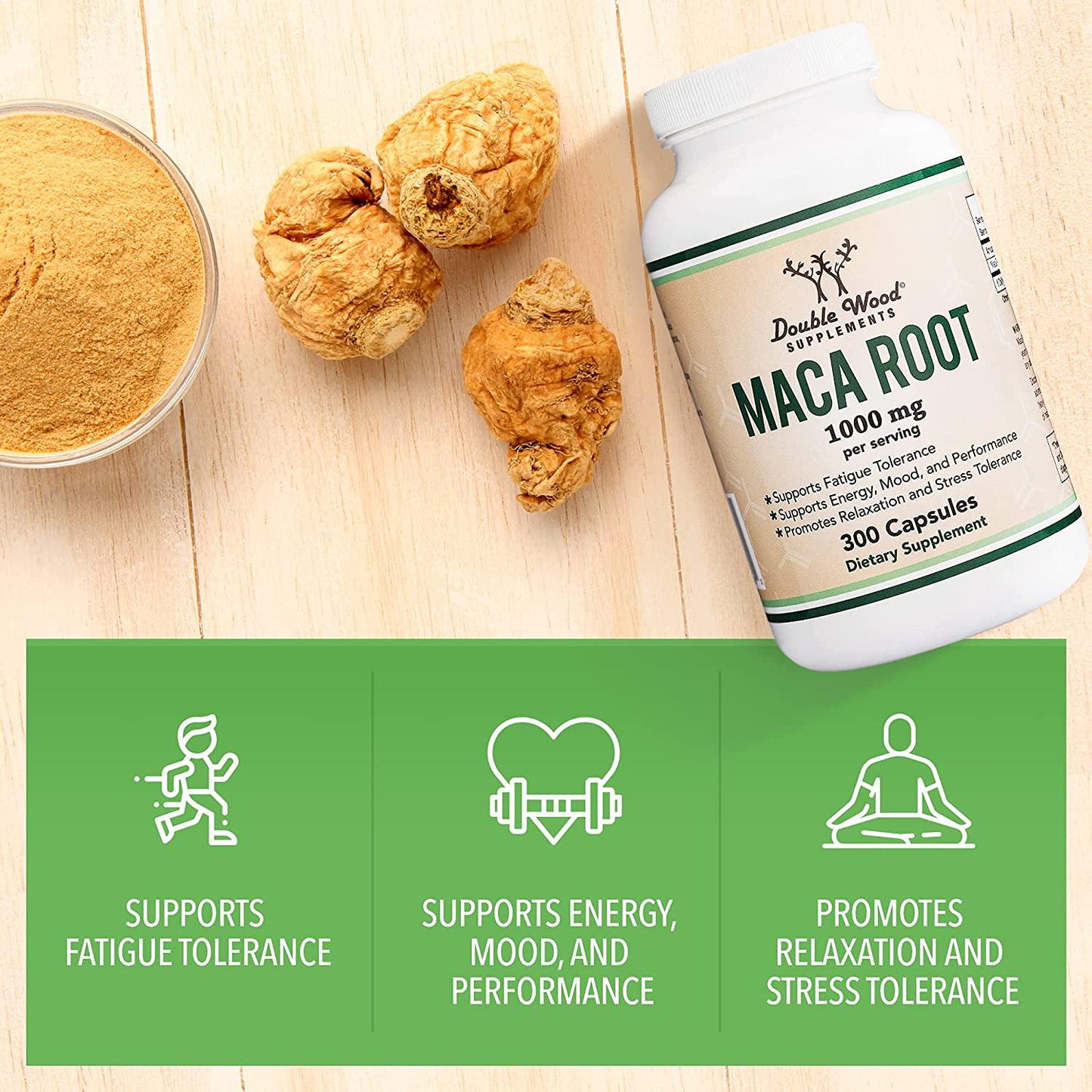 Maca Root Capsules (Black Maca Powder - 1,000mg per Serving) 300 Count for Men and Women. Grown in Peru (for Energy, Mood, Performance) Vegan, Made in USA by Double Wood Supplements
