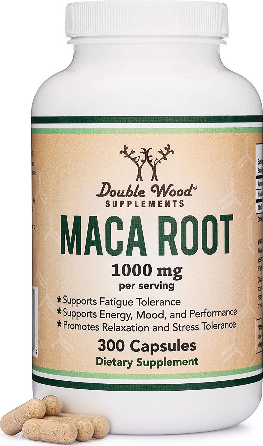 Maca Root Capsules (Black Maca Powder - 1,000mg per Serving) 300 Count for Men and Women. Grown in Peru (for Energy, Mood, Performance) Vegan, Made in USA by Double Wood Supplements