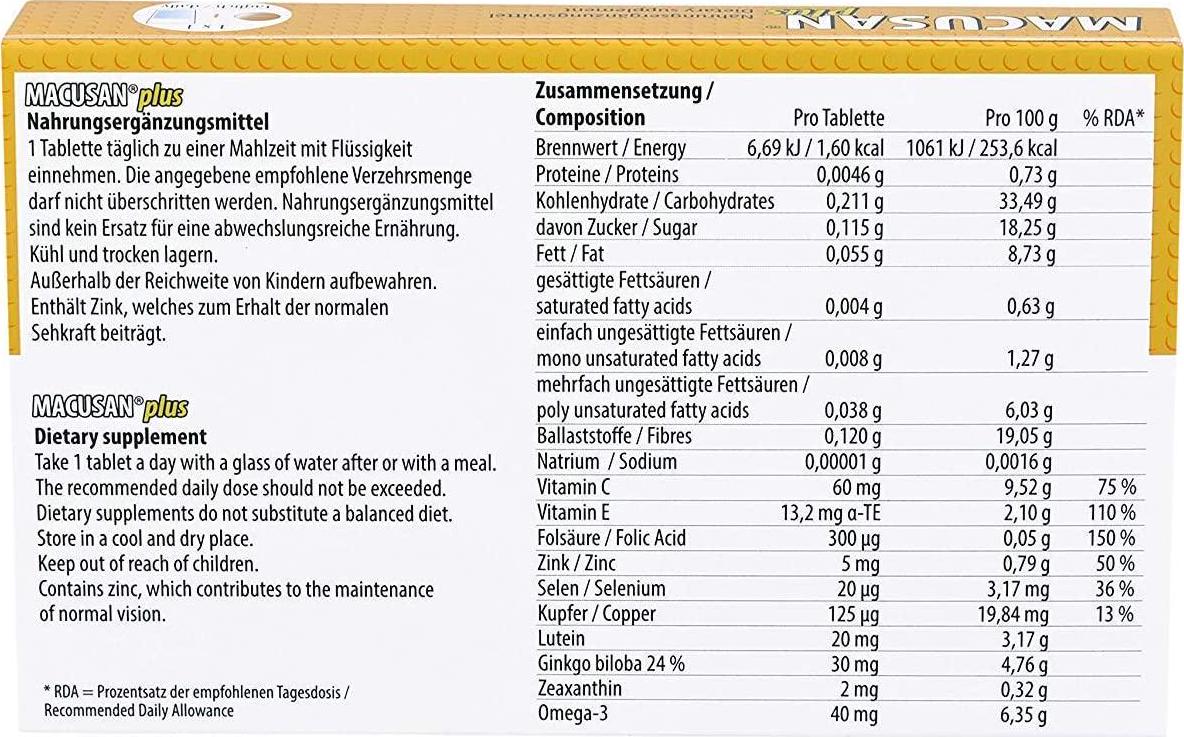 Macusan Plus Supplements for Eyes | Tablets for Age-Related Macular Health | Rapidly Increase Lacrimal Level of Macula with Ginkgo Biloba and Lutein | Suitable for Start of AMD | Lutein Eye Complex | Eye Supplements for AMD