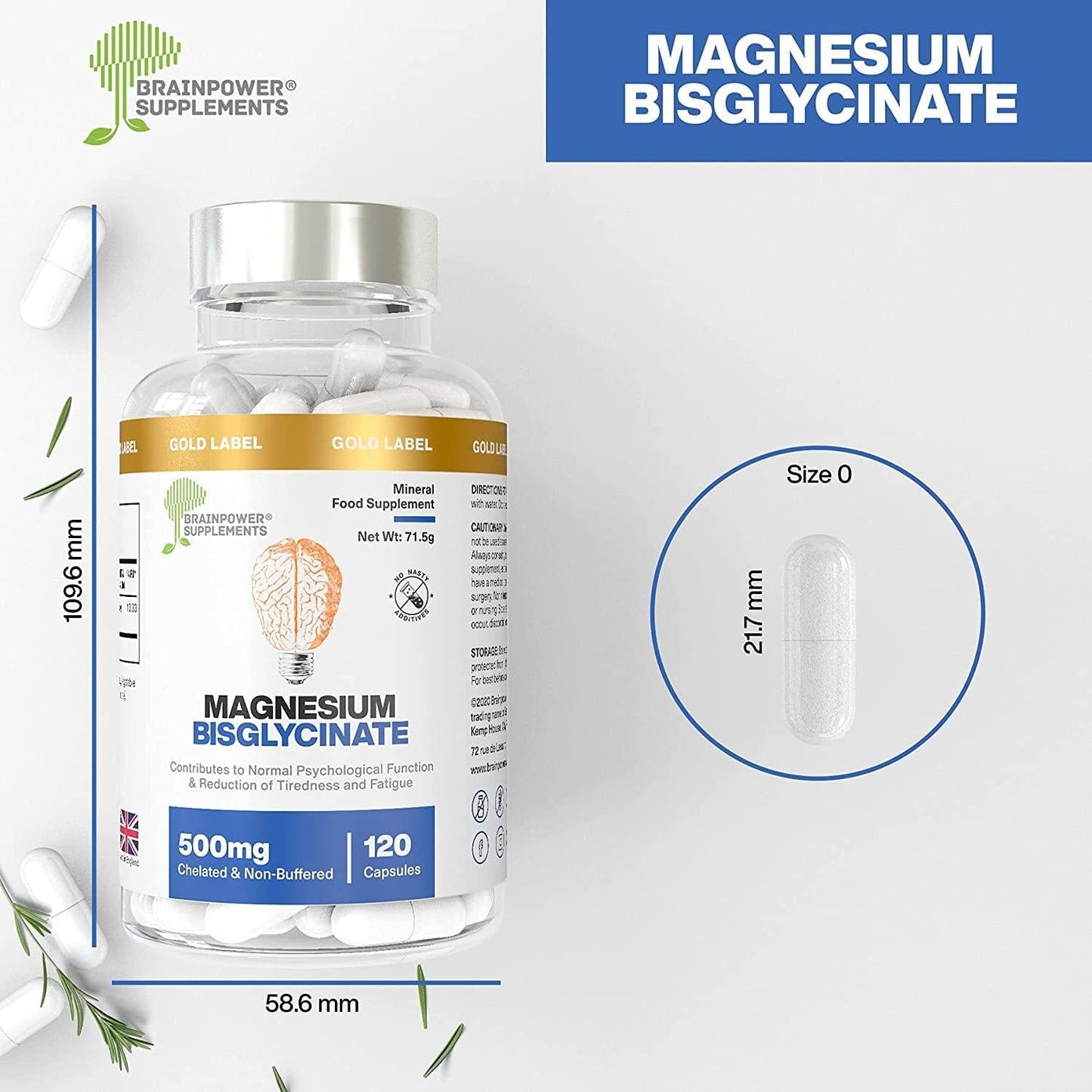 Magnesium Bisglycinate | 1000mg Dose / 500mg Capsules | 120 Capsules / 60 Servings (2 Months) | Highest Bioavailability | No Magnesium Stearate or Fillers | Chelated and Non-Buffered