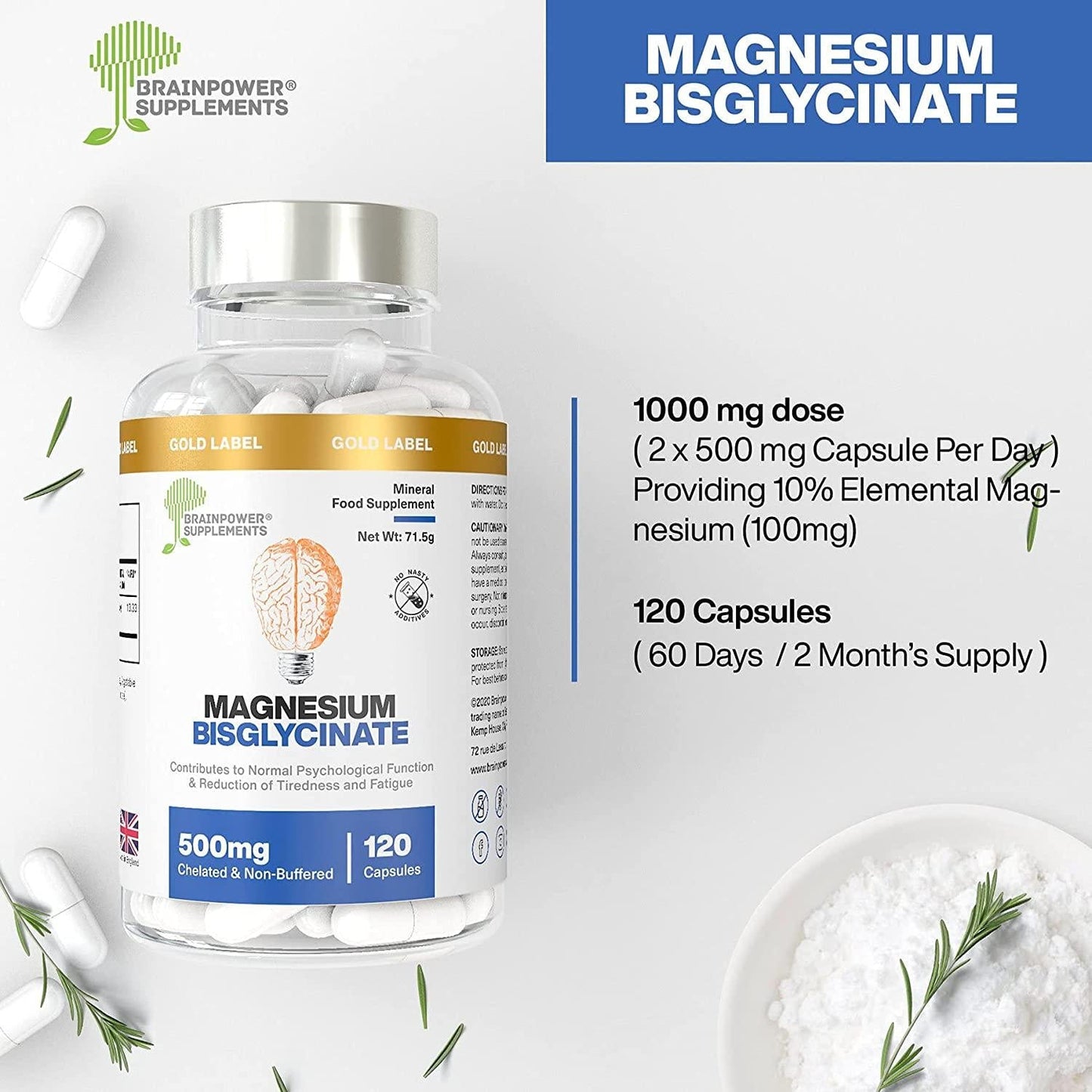 Magnesium Bisglycinate | 1000mg Dose / 500mg Capsules | 120 Capsules / 60 Servings (2 Months) | Highest Bioavailability | No Magnesium Stearate or Fillers | Chelated and Non-Buffered