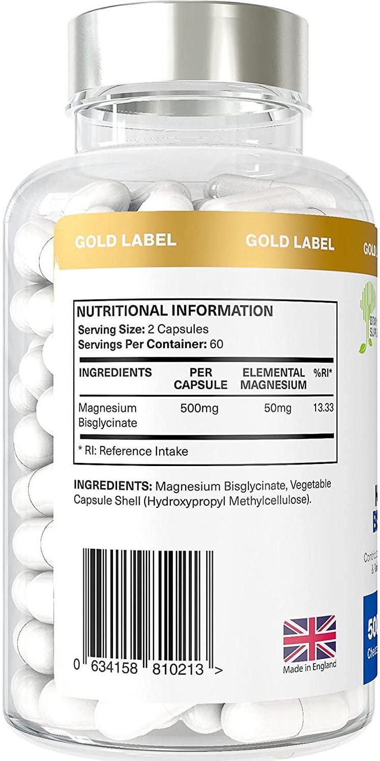 Magnesium Bisglycinate | 1000mg Dose / 500mg Capsules | 120 Capsules / 60 Servings (2 Months) | Highest Bioavailability | No Magnesium Stearate or Fillers | Chelated and Non-Buffered