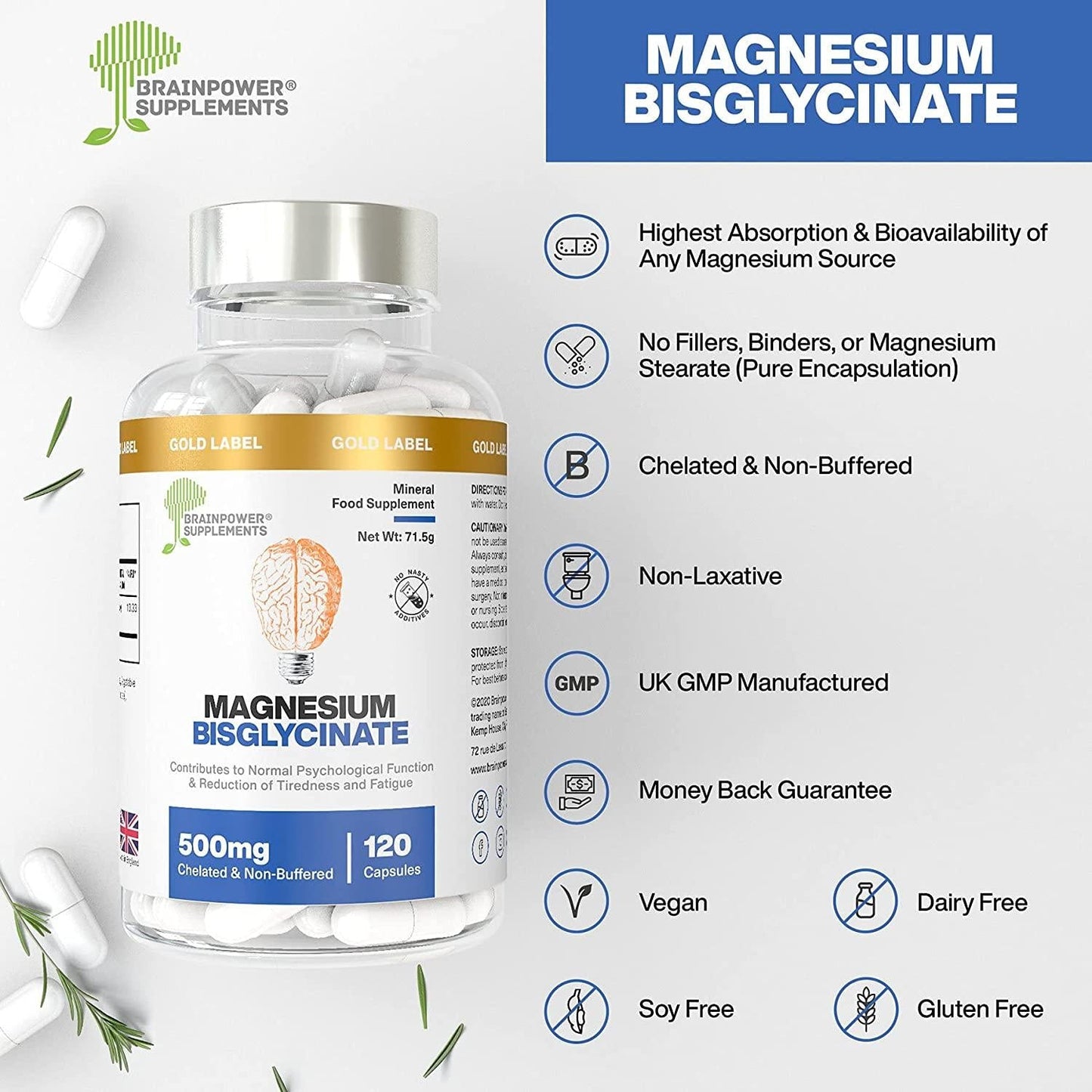 Magnesium Bisglycinate | 1000mg Dose / 500mg Capsules | 120 Capsules / 60 Servings (2 Months) | Highest Bioavailability | No Magnesium Stearate or Fillers | Chelated and Non-Buffered