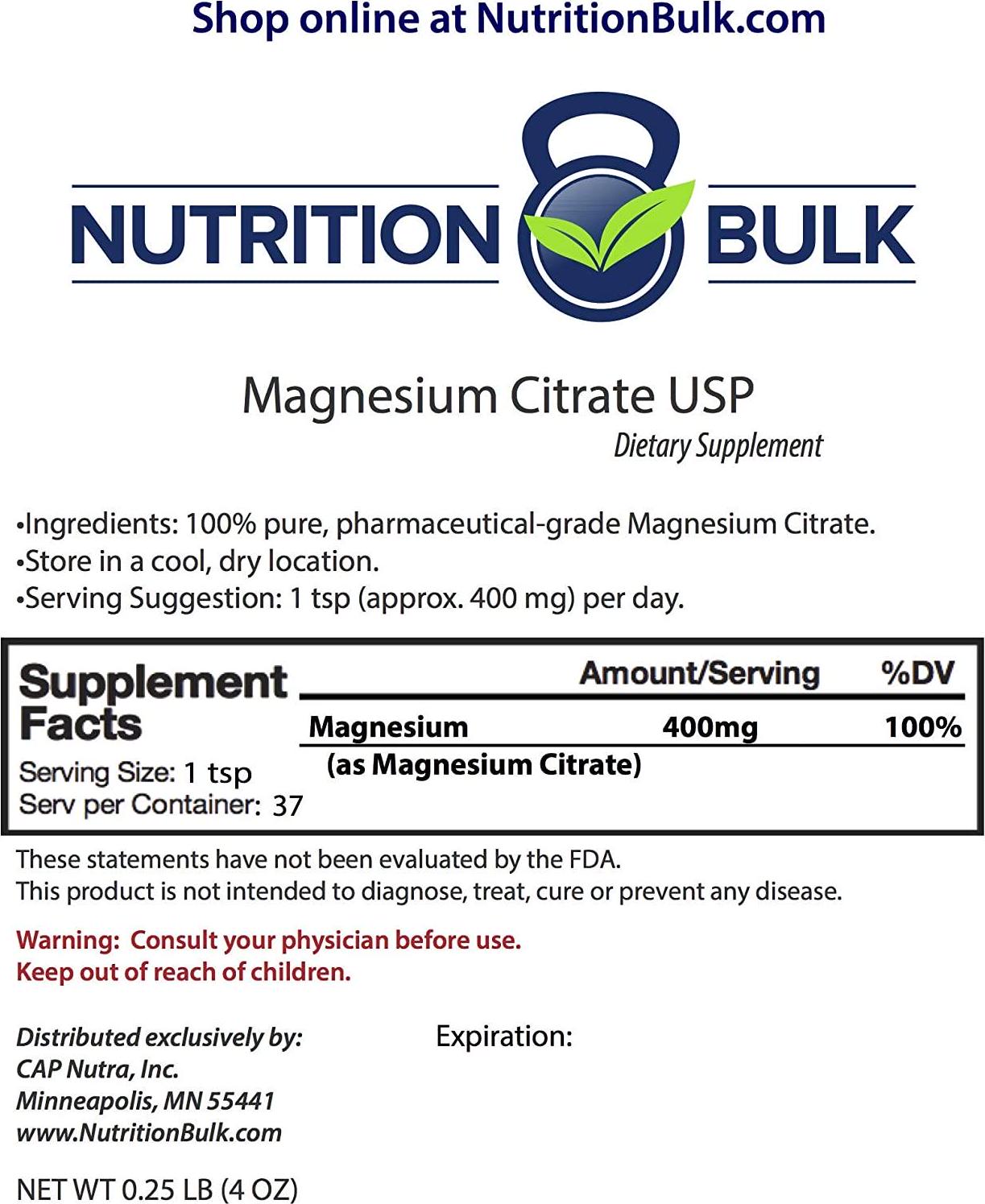 Magnesium Citrate Powder USP - Nutrition Bulk, Non-GMO, Gluten-Free, Vegan (4 oz)