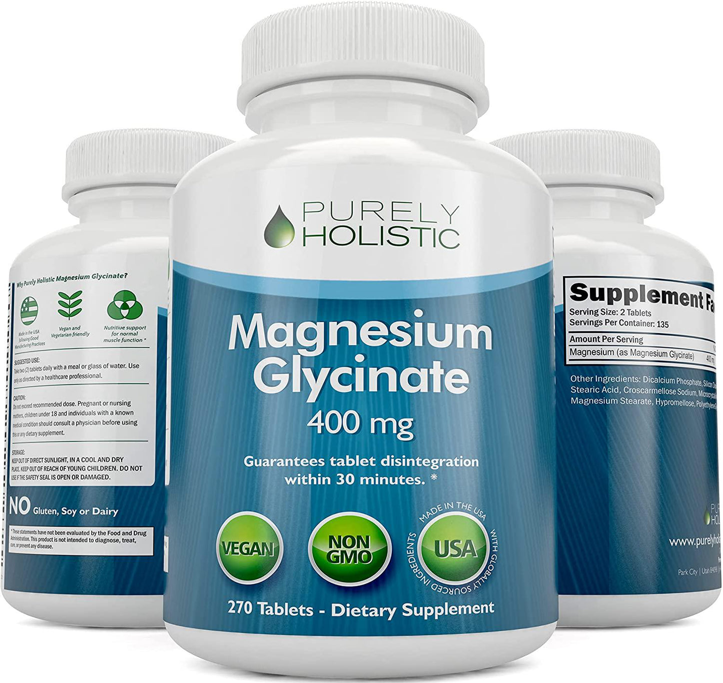 Magnesium Glycinate 400mg Tablets - 100% More 250 Magnesium Tablets (not Capsules), Highly Bioavailable, Chelated and Magnesium - Vegan and Vegetarian - Improved Sleep, Stress Relief and Cramp Defense