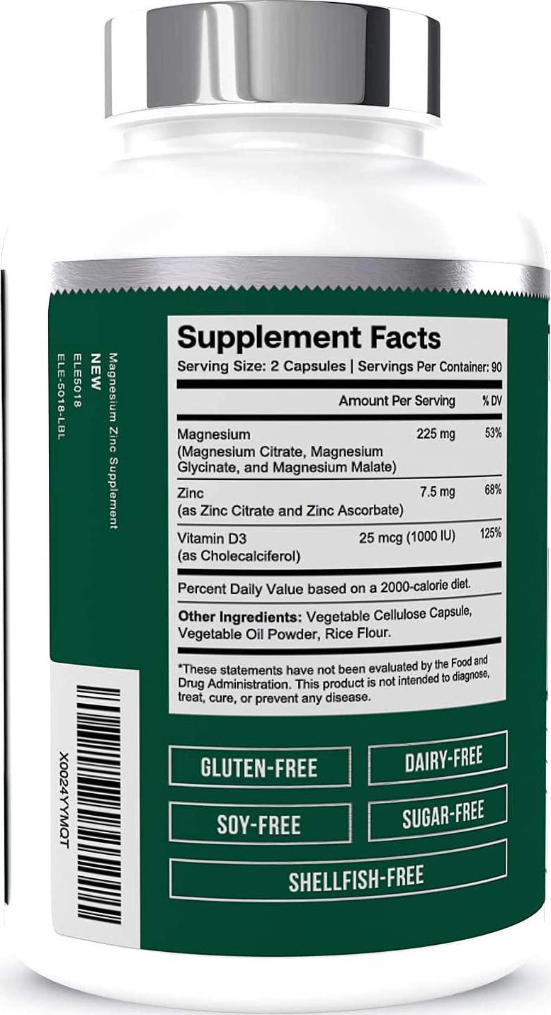 Magnesium + Zinc with Vitamin D3 by Essential Elements - Immune and Bone Support | Magnesium Glycinate, Citrate, Malate - Highly Bioavailable - 3 Month Supply