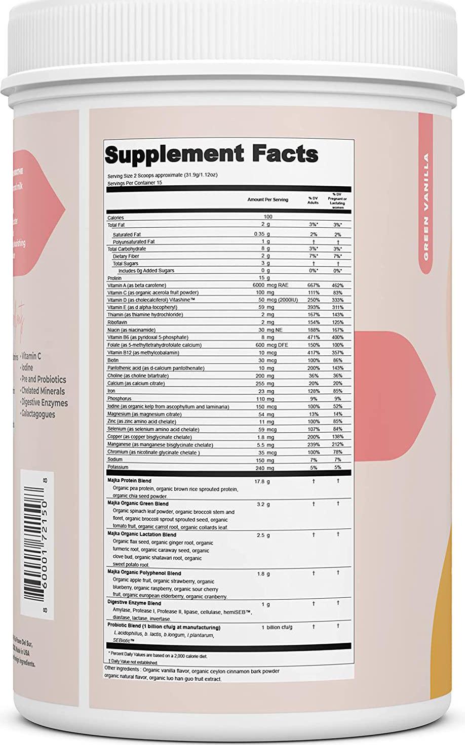 Majka | Breastfeeding Protein Powder | Complete Postnatal Vitamin | Lactation Supplement to Promote Healthy Breast Milk Supply | Gluten Free and Vegan (Green Vanilla)