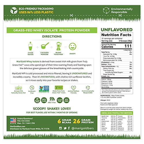 MariGold Grass-fed Whey Isolate Protein Powder Unflavored 2LB - 100% Pure, Cold Processed, Micro Filtered, Undenatured, Non-GMO, rBGH Free, Soy Free, Gluten Free, Lactose Free, Easy to Mix