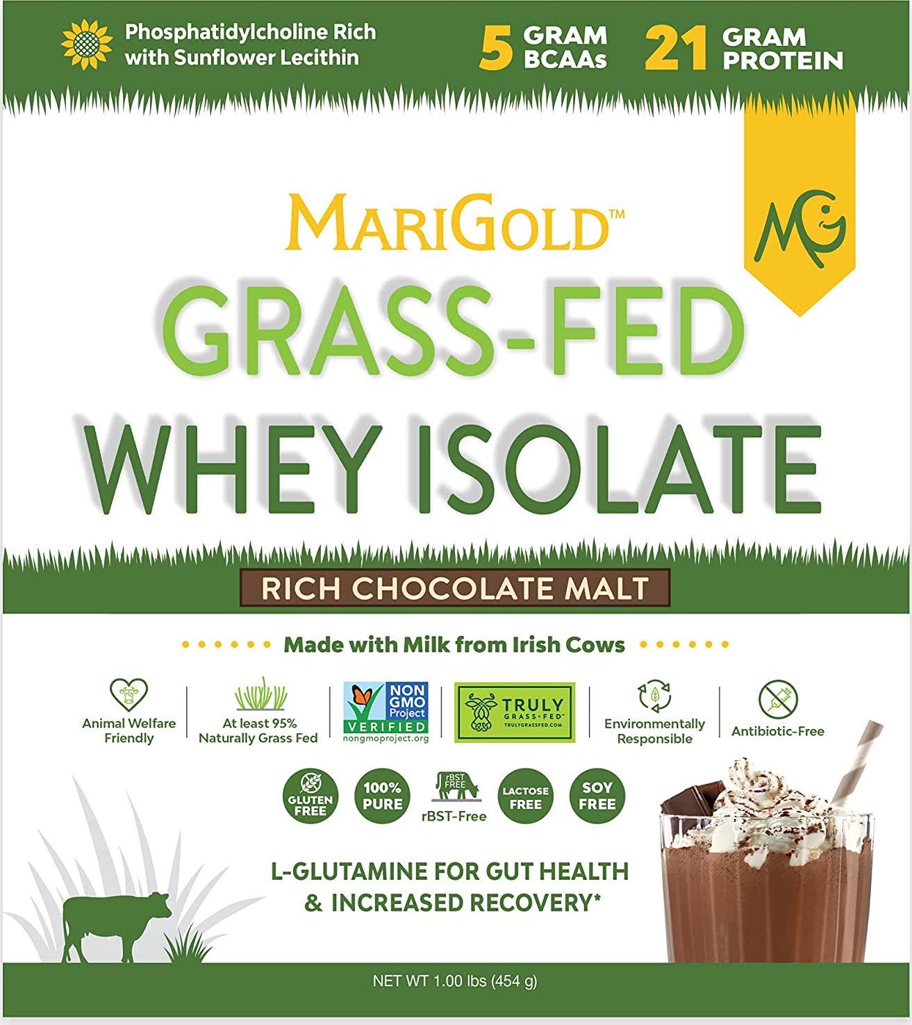 Marigold Grass-fed Whey Isolate Protein Powder - Rich Chocolate Malt Flavor - 1 Lb | 100% Pure, Cold-Processed, Micro-Filtered, Undenatured, Non-GMO, rBGH Free, Soy Free, Gluten Free, Lactose Free