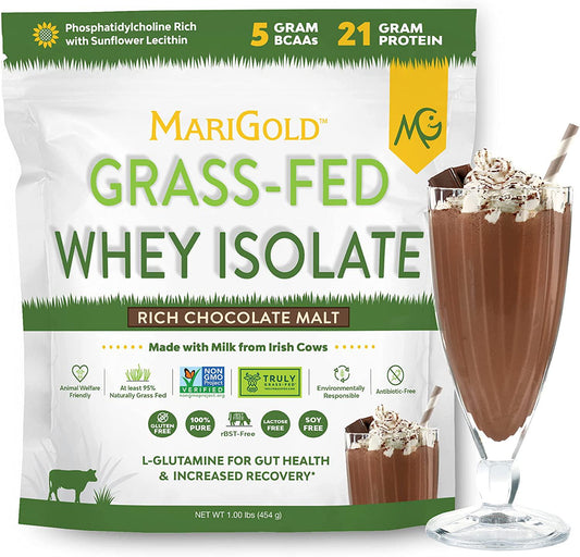 Marigold Grass-fed Whey Isolate Protein Powder - Rich Chocolate Malt Flavor - 1 Lb | 100% Pure, Cold-Processed, Micro-Filtered, Undenatured, Non-GMO, rBGH Free, Soy Free, Gluten Free, Lactose Free