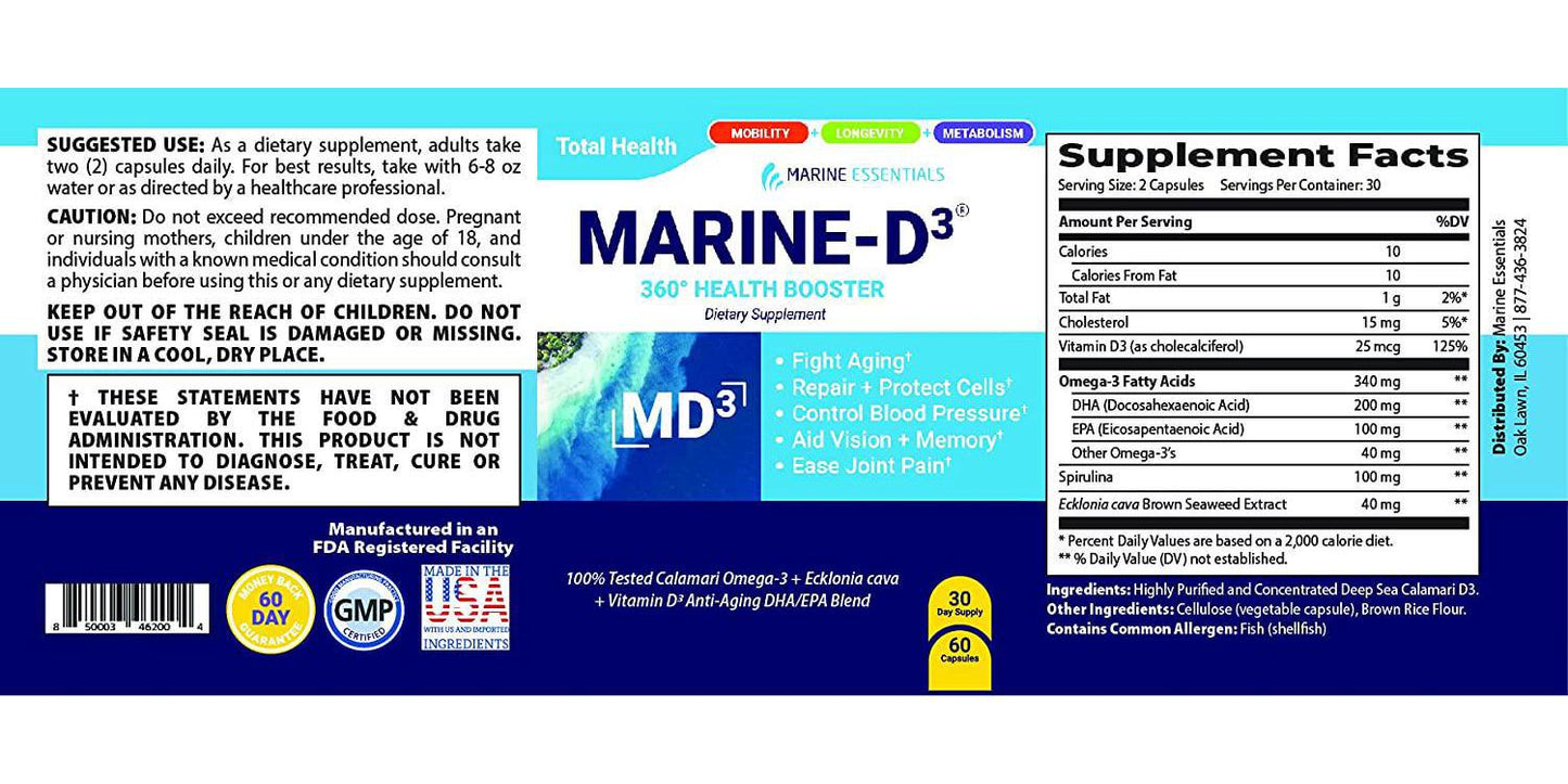 Marine Essentials Vitamin D3 Omega 3 Fish Oil - Marine-D3 340 mg Vitamin D3 DHA Anti Aging Omega 3 Fish Oil Dietary Supplement (120 Softgels)