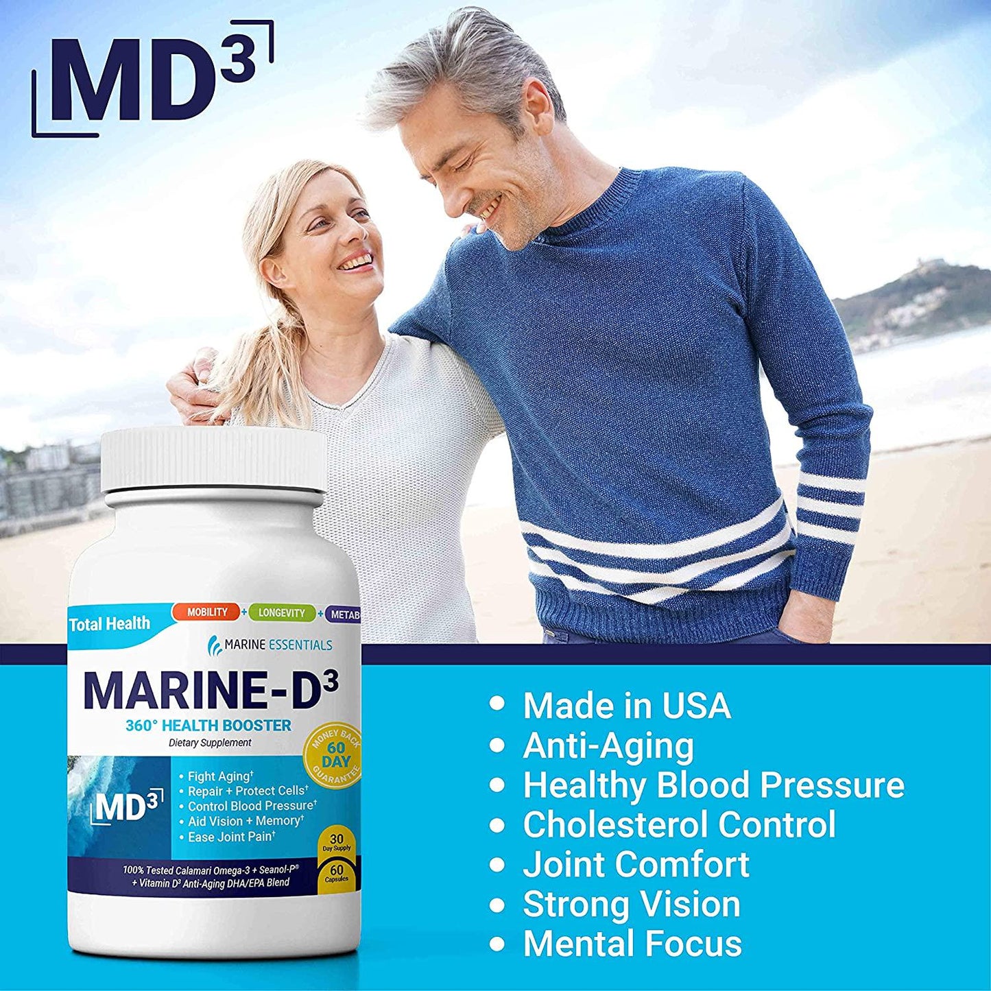 Marine Essentials Vitamin D3 Omega 3 Fish Oil - Marine-D3 340 mg Vitamin D3 DHA Anti Aging Omega 3 Fish Oil Dietary Supplement (120 Softgels)