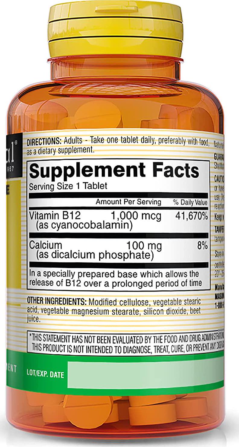 Mason Natural Vitamin B-12 1000 Mcg Cyanocobalamin Extended Release Tablets, 60-Count Bottles (Pack of 3)