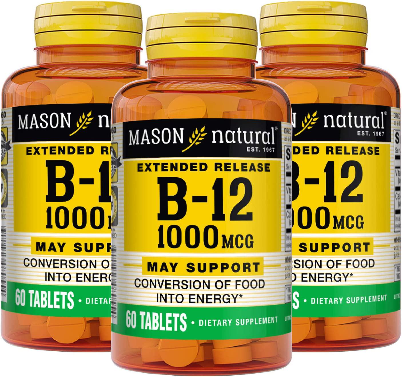 Mason Natural Vitamin B-12 1000 Mcg Cyanocobalamin Extended Release Tablets, 60-Count Bottles (Pack of 3)