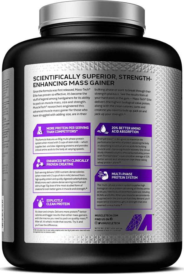 Mass Gainer Protein Powder | MuscleTech Mass-Tech Elite Mass Gainer | Whey Protein Powder + Muscle Builder | Weight Gainer | Protein Powder for Muscle Gain | Creatine Supplements | Vanilla Cake, 7 lbs