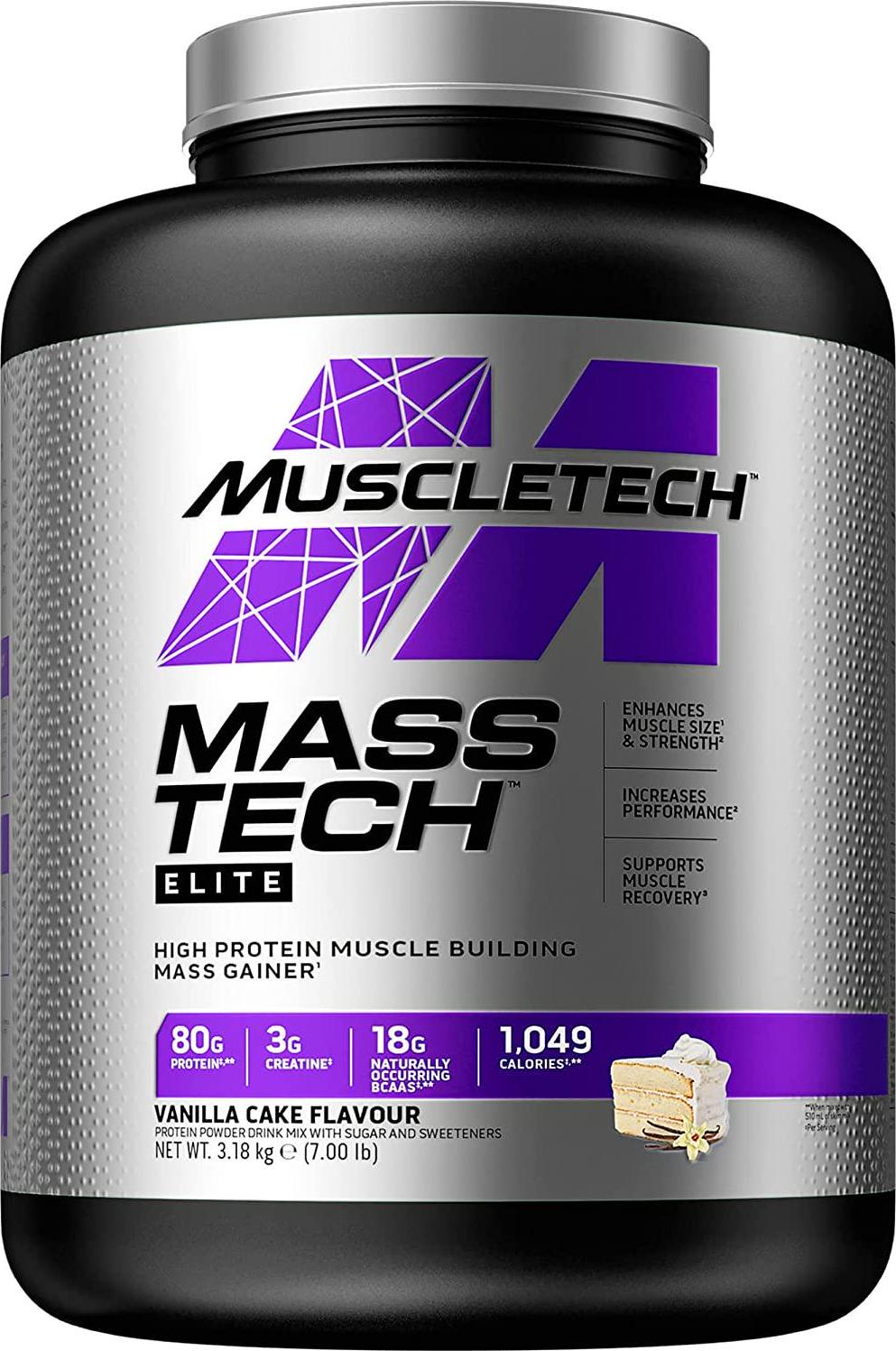 Mass Gainer Protein Powder | MuscleTech Mass-Tech Elite Mass Gainer | Whey Protein Powder + Muscle Builder | Weight Gainer | Protein Powder for Muscle Gain | Creatine Supplements | Vanilla Cake, 7 lbs