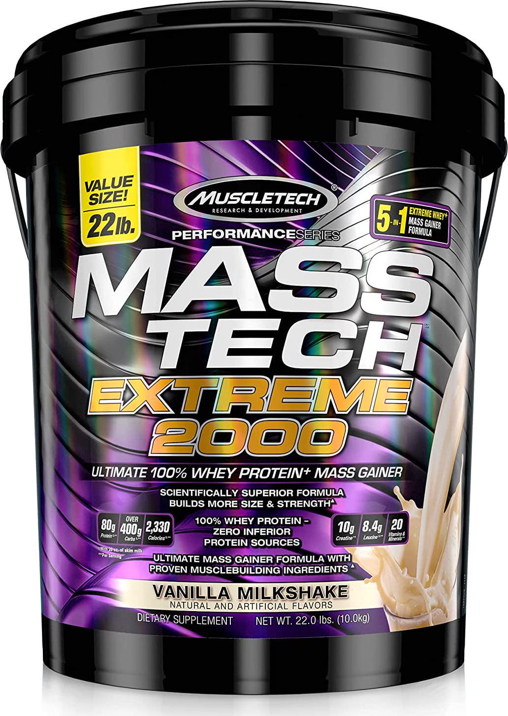 Mass Gainer Protein Powder, MuscleTech Mass-Tech Extreme 2000 Mass Gainer, Max Protein Weight Gainer, Muscle Gainer Protein Powder for Men and Women, Creatine Supplements, Vanilla Milkshake, 10 kg